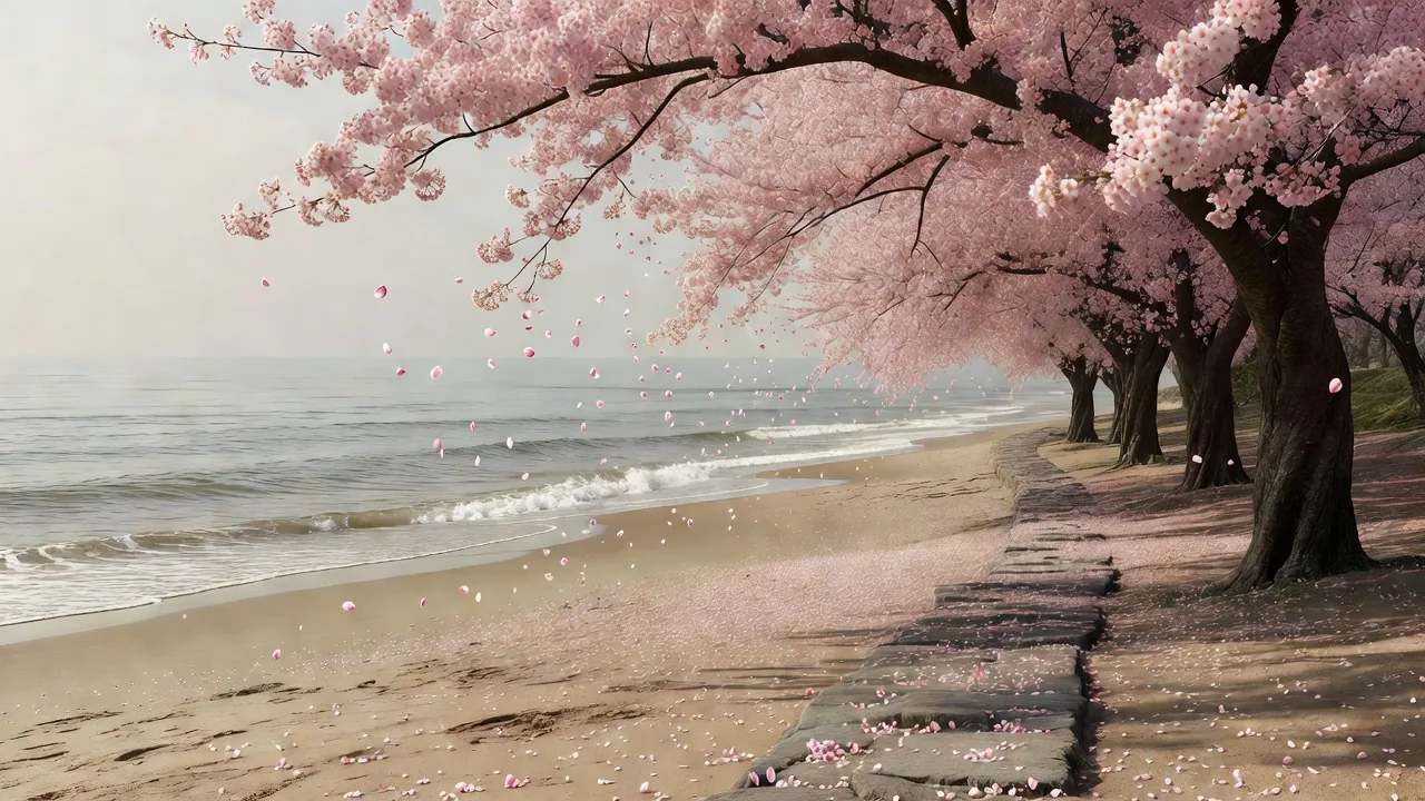 桜が咲き誇る海岸の小道