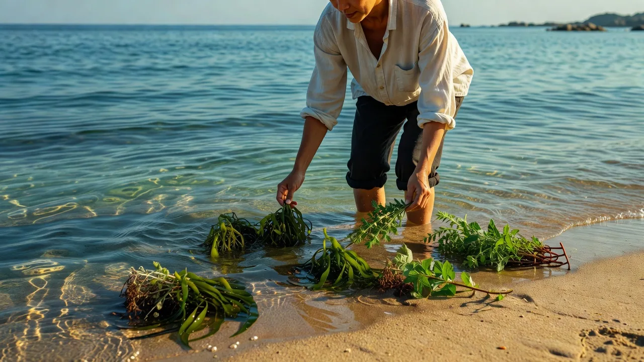 海岸で海草と薬草を収穫する