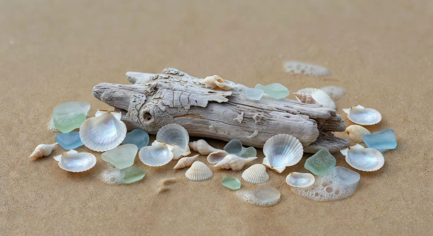 砂浜に並べられた貝殻と流木の静物