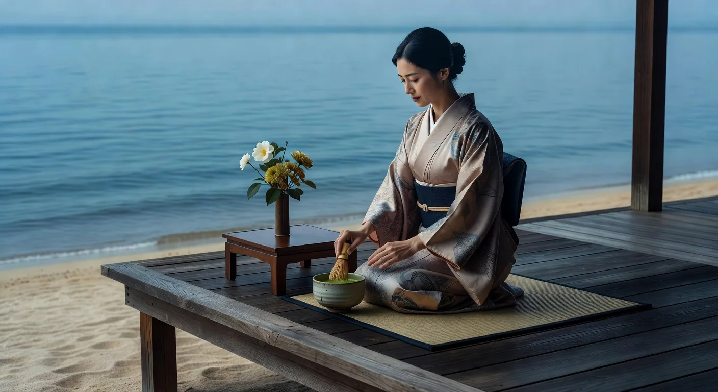 海を望む縁側での茶の湯