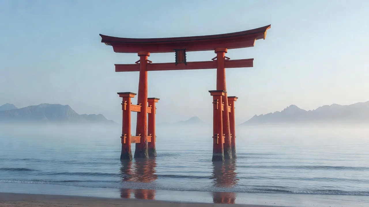 干潮時に砂の上に立つ神聖な鳥居