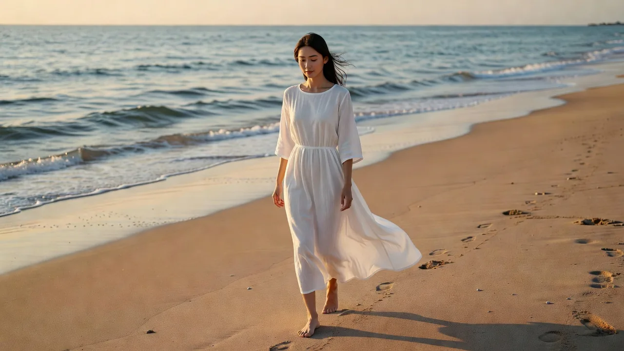 夕暮れの浜辺をひとり歩く女性のシルエット